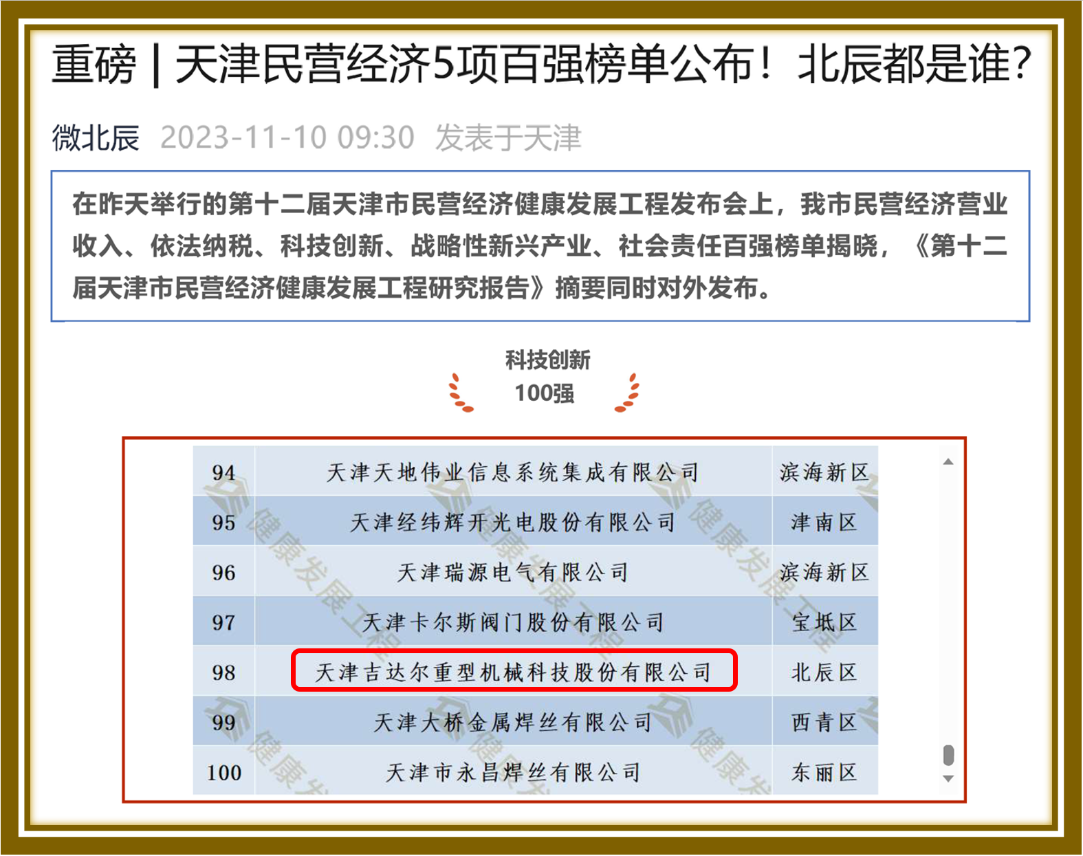 天津民營經(jīng)濟(jì)科技創(chuàng)新100強(qiáng)